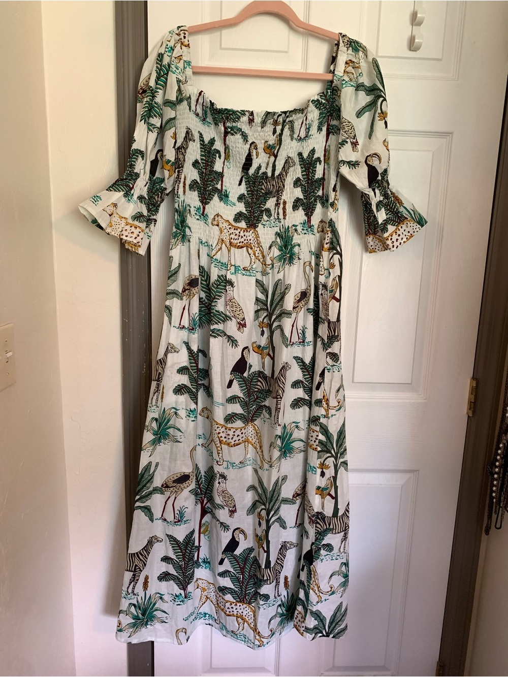 White Safari-Print Smocked Maxi Dress